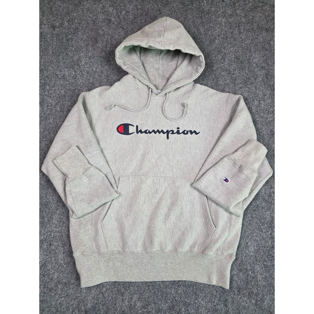 Champion Reverse Weave Hoodie Mens Medium Gray Script Logo Sweatshirt